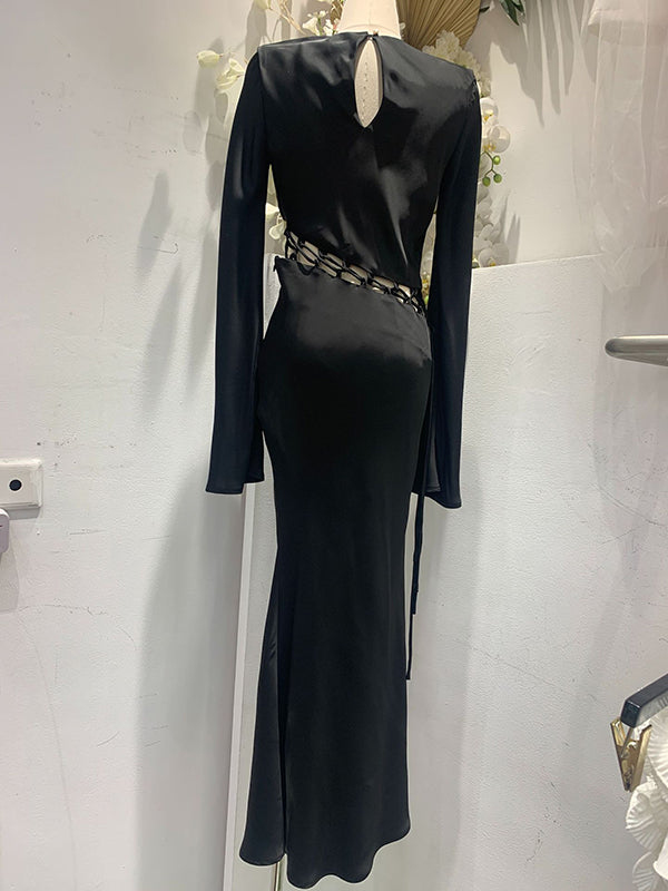Hollow Solid Color High Waisted Long Sleeves Round-Neck Maxi Dresses