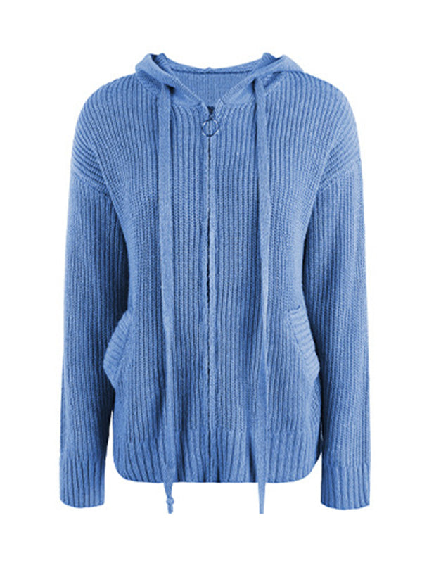 Casual Long Sleeves Hooded Solid Color Cardigan Tops