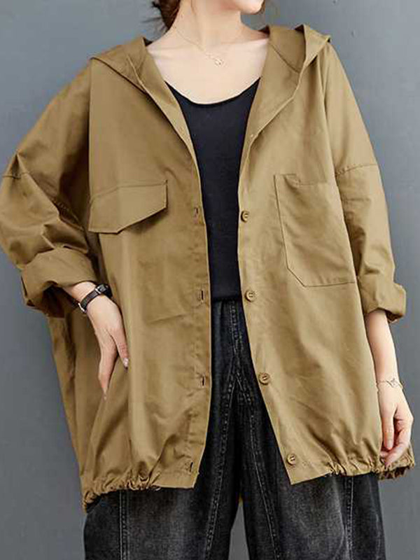 Buttoned Pleated Pockets Solid Color Long Sleeves Loose Hooded Trench Coats Outerwear
