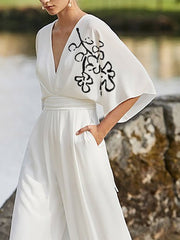 Flower Print Pleated Pockets Half Sleeves High Waisted Deep V-Neck Jumpsuits