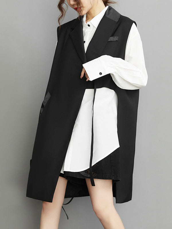 Asymmetric Pockets Tied Sleeveless Notched Collar Vest Outerwear
