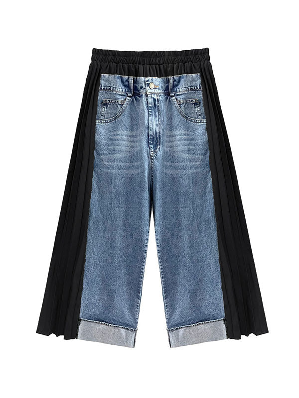 Contrast Color Pleated Split-Joint Loose Ninth Pants Wide Leg Jean Pants Bottoms