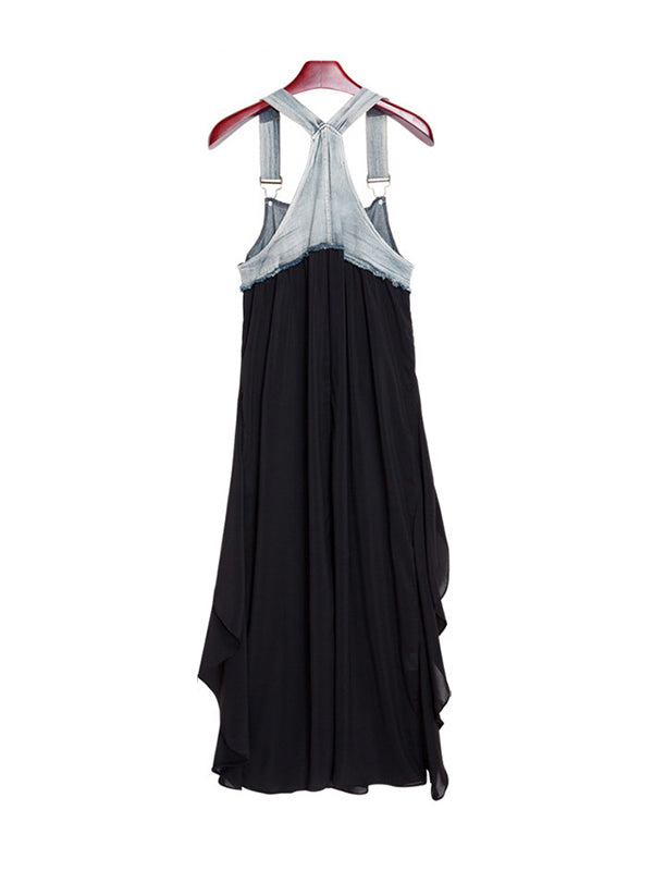 Falbala Split-Joint Irregularity Loose Spaghetti-Neck Maxi Dresses