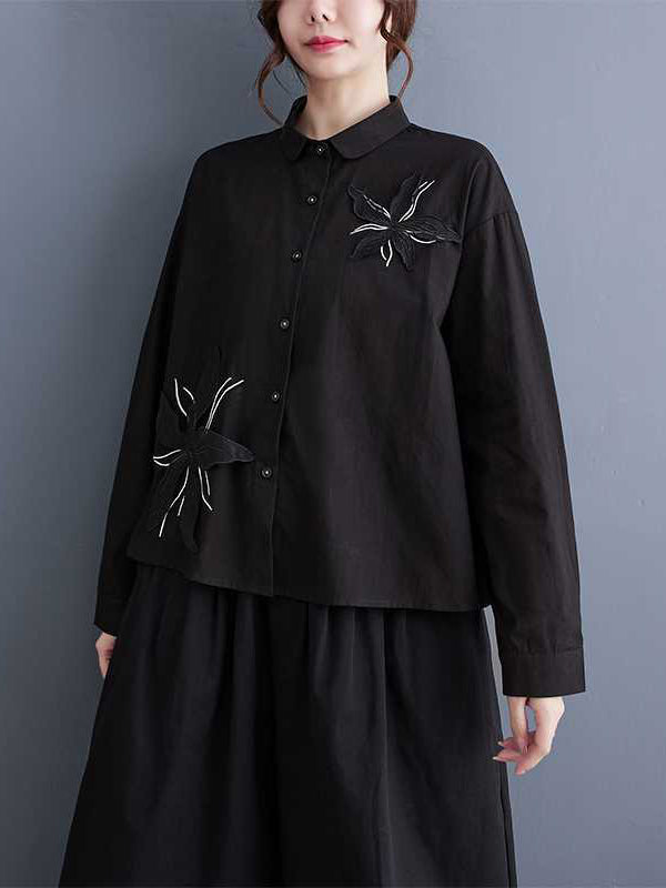 Applique Buttoned Embroidered Long Sleeves Loose Lapel Blouses&Shirts Tops