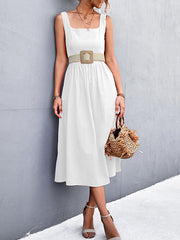 Pleated Solid Color Split-Joint High Waisted Sleeveless U-Neck Midi Dresses
