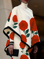 Long Sleeves Loose Flower Print High Neck 1 Piece Cape