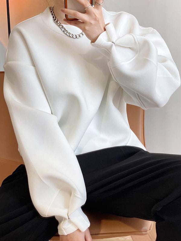 Solid Color Long Sleeves Loose Round-Neck Sweatshirt Tops
