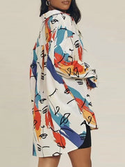 Buttoned Figure Printed Split-Side High-Low Long Sleeves Lapel Blouses&Shirts Tops