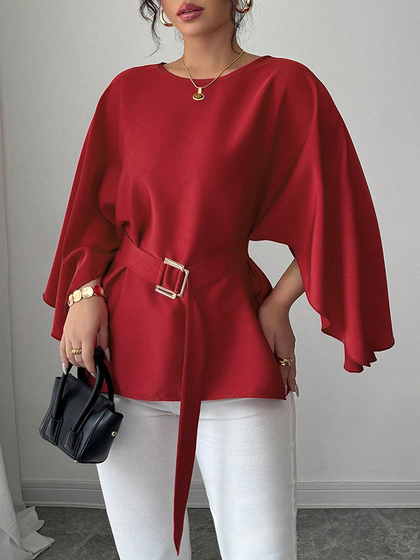 Split-Joint Tied Waist Batwing Sleeves Round-Neck Blouses&Shirts Tops