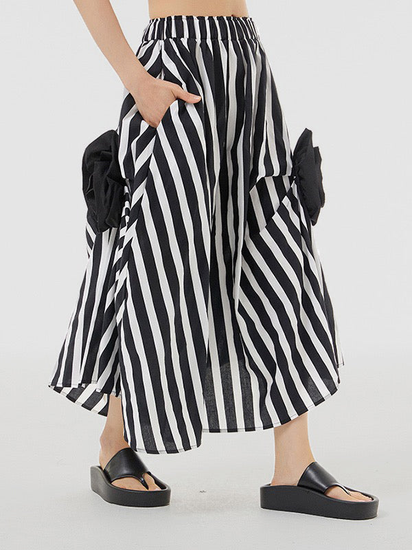 Asymmetric Contrast Color Elasticity Striped Three-Dimensional Flower Loose Skirts Bottoms