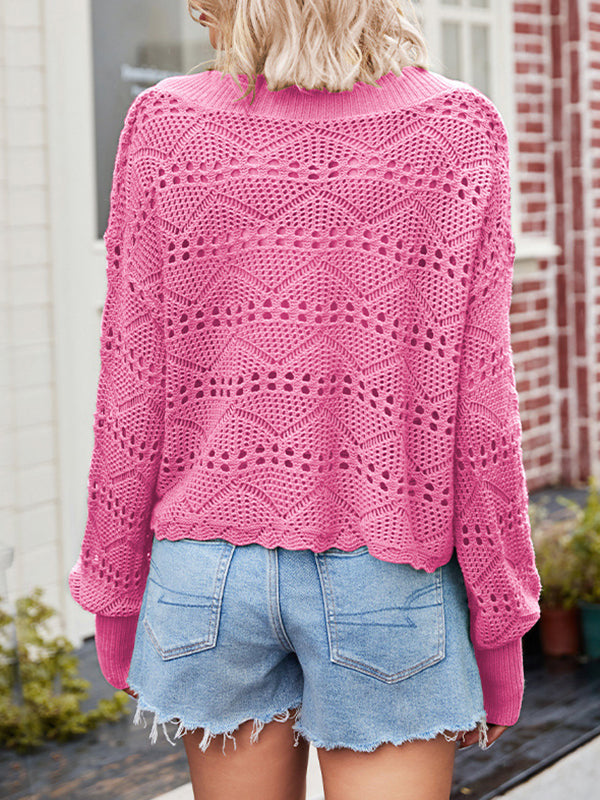 Hollow Solid Color Long Sleeves Loose V-Neck Sweater Tops Pullovers