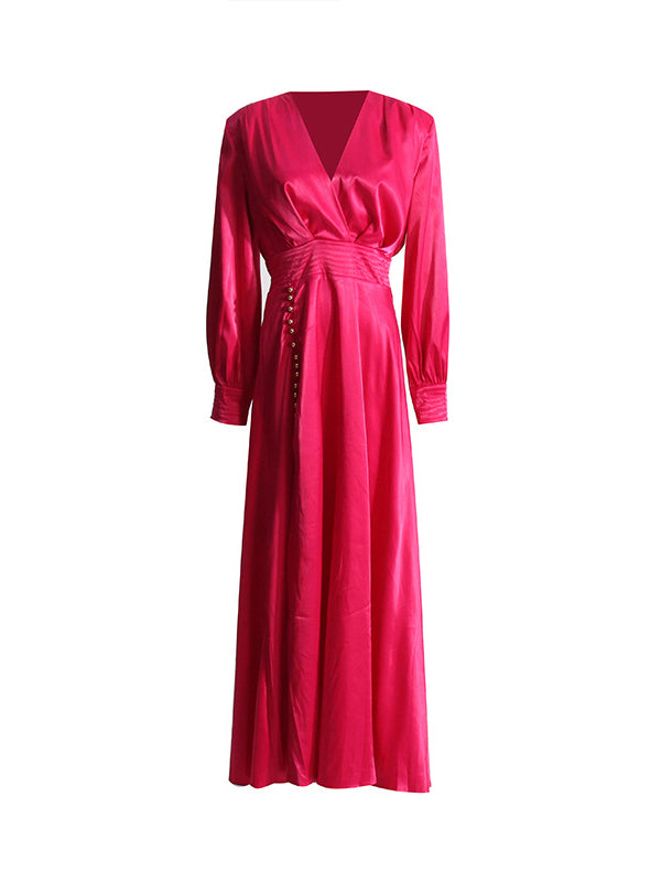 Buttoned Split-Side Zipper High Waisted Long Sleeves Deep V-Neck Maxi Dresses