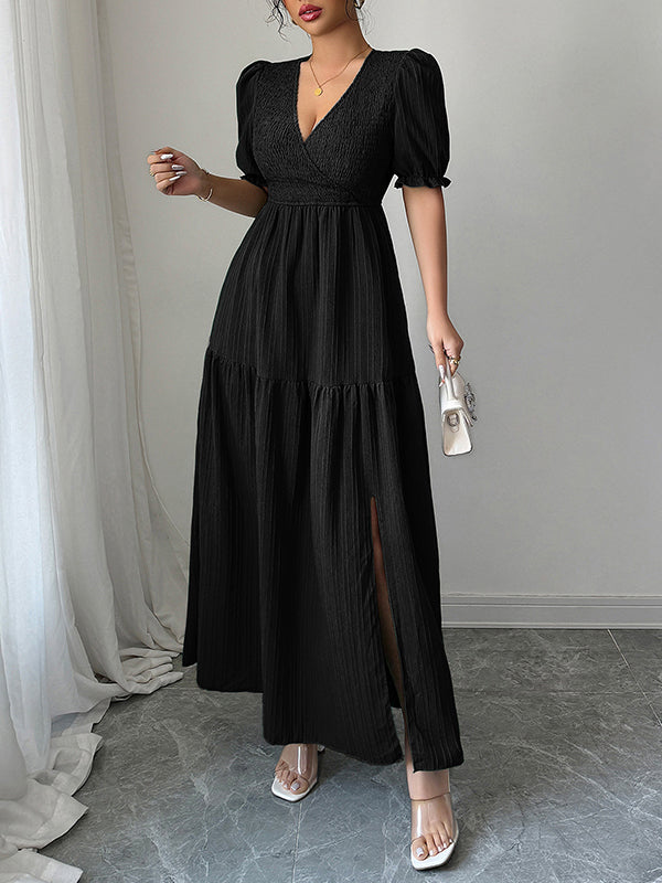 Pleated Solid Color Split-Front Half Sleeves High Waisted V-Neck Maxi Dresses
