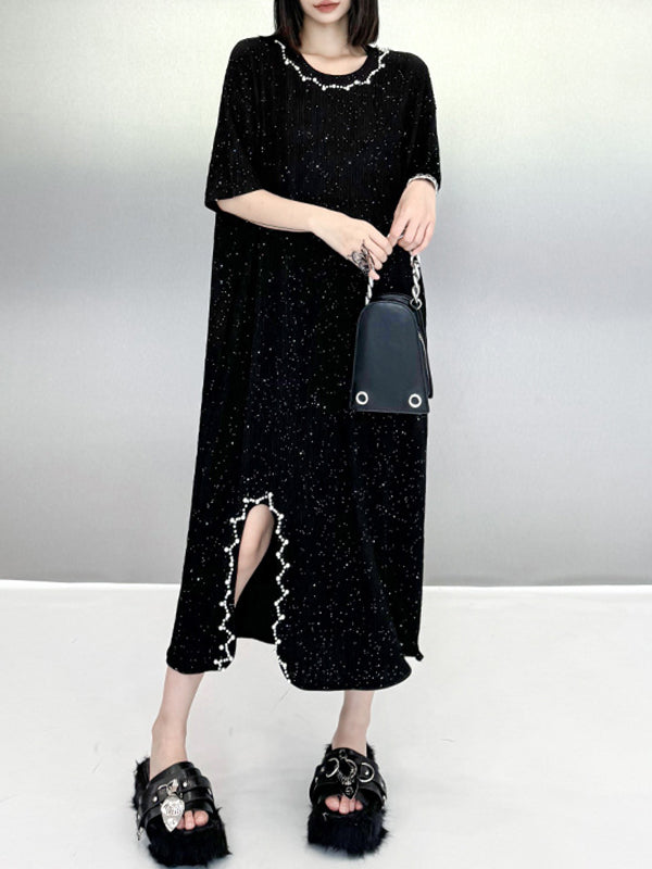 Asymmetric Beaded Shiny Split-Joint Loose Short Sleeves Round-neck Midi Dresses