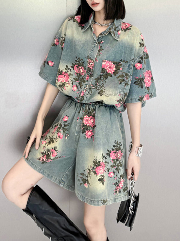 Floral Printed Split-Joint High-Low Loose Lapel Blouses&Shirts Tops