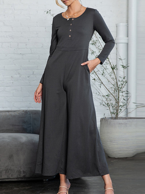 Buttoned Solid Color High Waisted Long Sleeves Round-Neck Jumpsuits