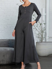 Buttoned Solid Color High Waisted Long Sleeves Round-Neck Jumpsuits