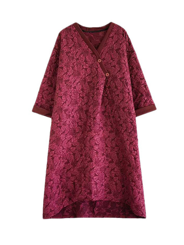 Asymmetric Buttoned Jacquard A-line Half Sleeves V-neck Midi Dresses