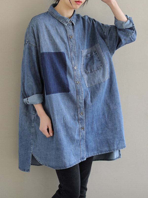 Asymmetric Buttoned Pockets Split-Joint High-Low Long Sleeves Lapel Blouses&Shirts Tops