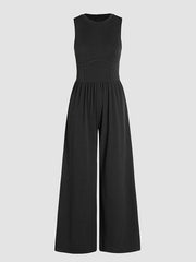 Pockets Solid Color High Waisted Loose Round-Neck Jumpsuits