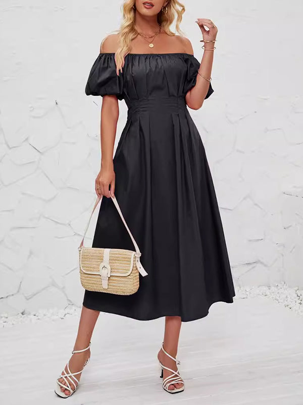 Elasticity Pleated Solid Color Split-Joint Loose Puff Sleeves Off-The-Shoulder Midi Dresses