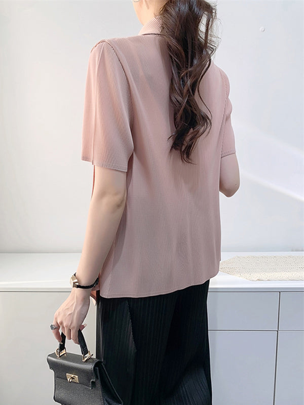 Pleated Solid Color Loose Short Sleeves Collarless Outerwear