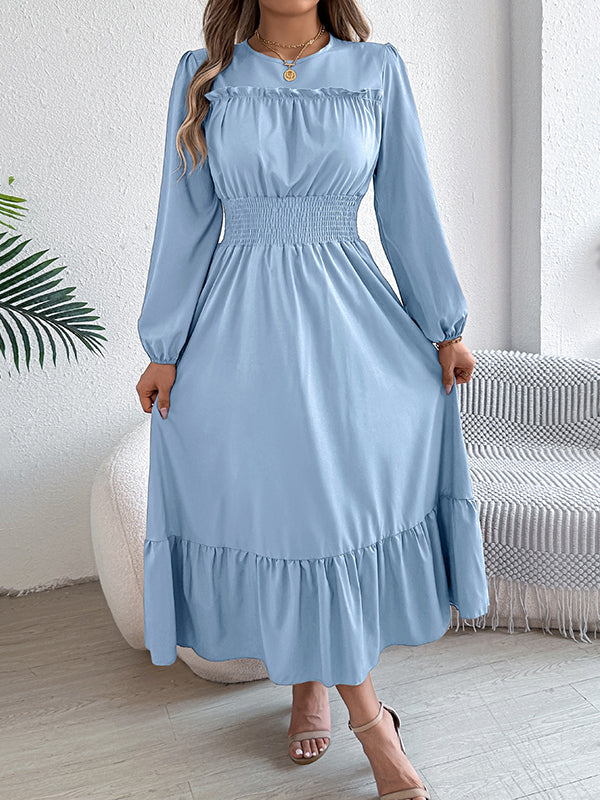 Pleated Solid Color A-Line Elasticated Waist Round-Neck Maxi Dresses