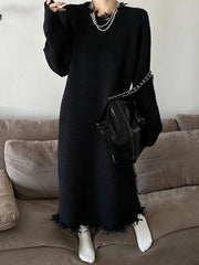 Fringed Solid Color High Waisted Long Sleeves Round-Neck Sweater Dresses Midi Dresses