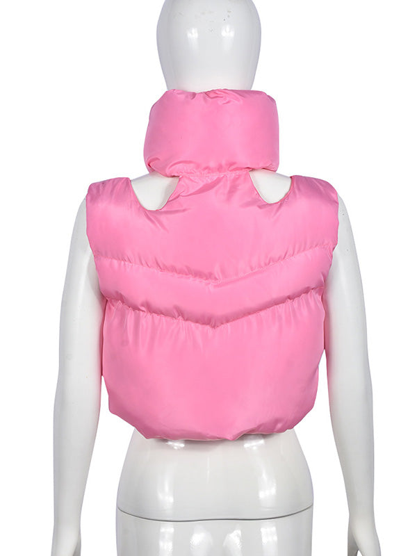 Hollow Solid Color Zipper Loose Sleeveless Stand Collar Padded Vest