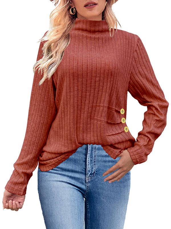 Buttoned Pleated Solid Color Long Sleeves Loose High Neck T-Shirts Tops