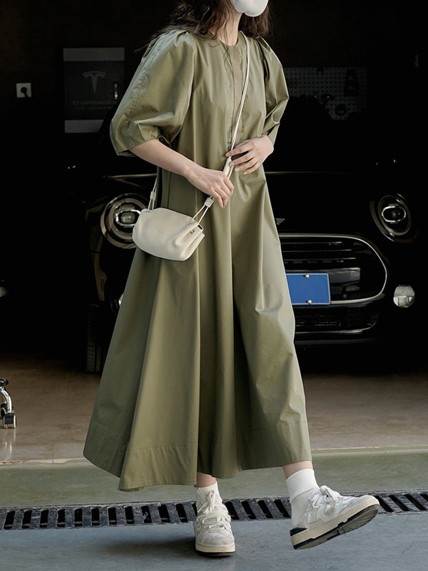 Solid Color Loose Puff Sleeves Round-Neck Midi Dresses