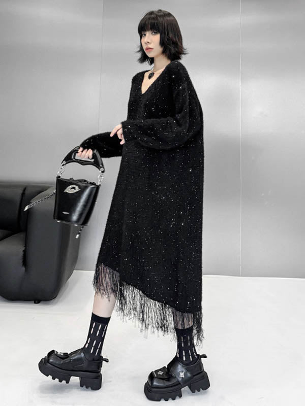 Contrast Color Sequined Shiny Split-Joint Tasseled Irregularity Long Sleeves V-Neck Sweater Dresses Midi Dresses