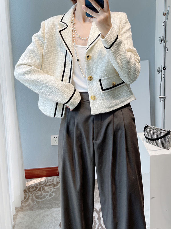 Buttoned Pockets Long Sleeves Loose Notched Collar Woolen Coat Outerwear