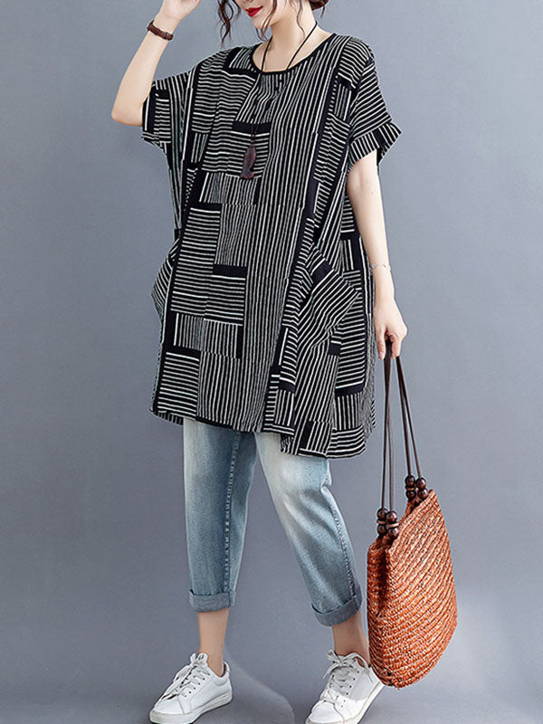 Striped Loose Short Sleeves Round-Neck T-Shirts
