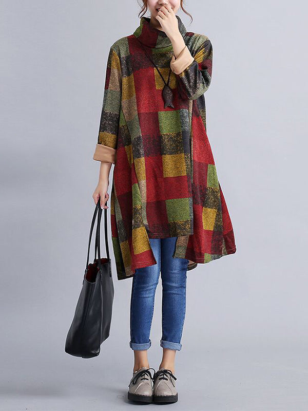 Artistic Retro Loose Long Sleeves Contrast Color Plaid Heaps Collar Midi Dresses