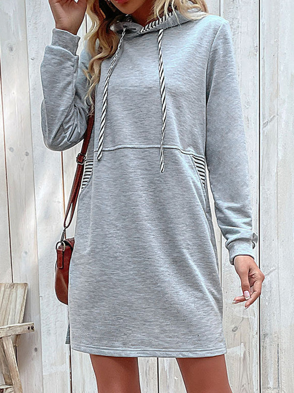 Drawstring Pockets A-line Long Sleeves Hoodies Mini Dresses