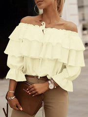 Layered Pleated Solid Color Split-Joint Tied Long Sleeves Loose Off-The-Shoulder Blouses&Shirts Tops