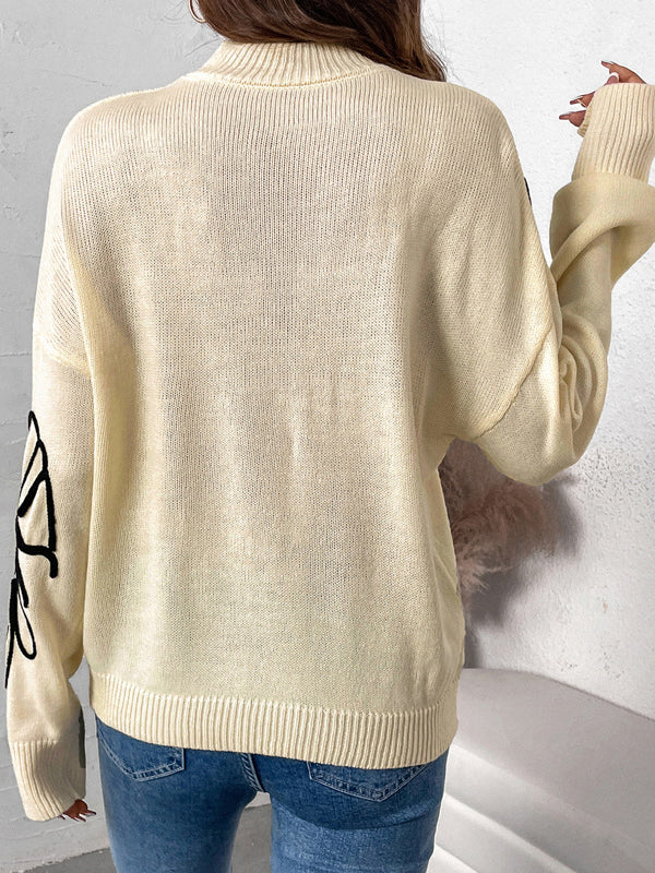 Flower Shape Split-Joint Long Sleeves Loose High Neck Sweater Tops
