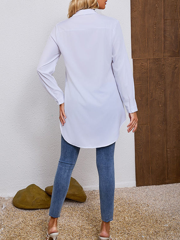 See-Through Solid Color Split-Joint Long Sleeves Loose Lapel Blouses