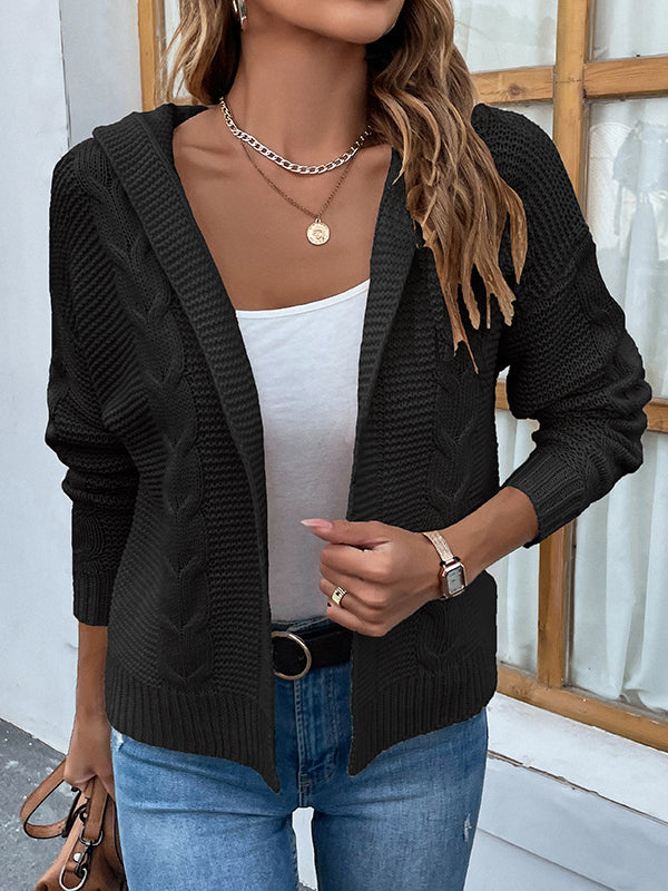 Solid Color Split-Joint Long Sleeves Loose Hooded Cardigan Tops