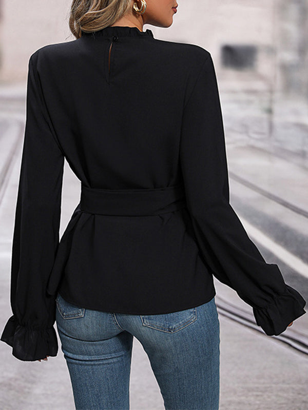 Elasticity Pleated Solid Color Tied Flared Sleeves Long Sleeves Round-neck Blouses&shirts Tops