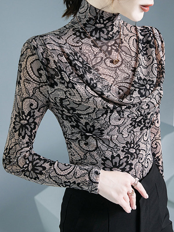 Flower Print Pleated Long Sleeves Mock Neck T-Shirts Tops