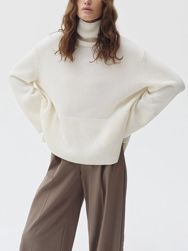 Pleated Solid Color Split-Side Long Sleeves Loose High Neck Sweater Tops