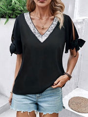 Hollow Sequined Split-Joint Tied Loose Short Sleeves V-Neck T-Shirts Tops