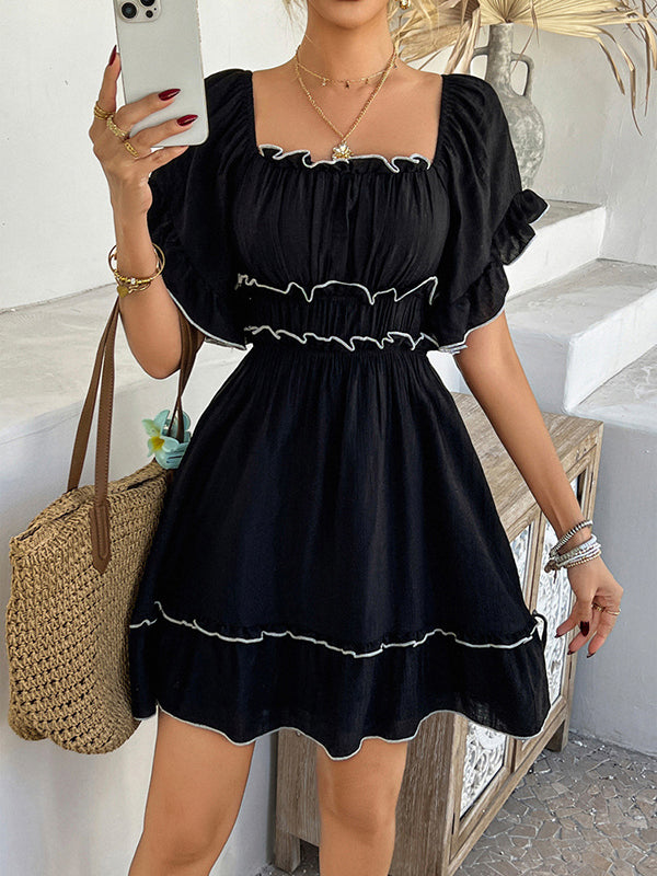 Elasticity Pleated Ruffle Trim Solid Color A-line High Waisted Square-neck Mini Dresses