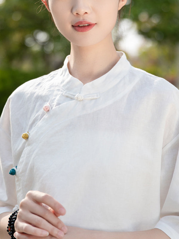 Artistic Retro Loose Half Sleeves Buttoned Contrast Color Stand Collar Blouses&Shirts Tops