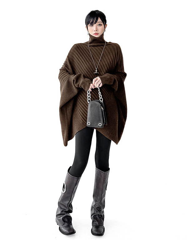 Asymmetric Ribbed Knit Solid Color Split-Joint Batwing Sleeves Irregularity High Neck Sweater Tops