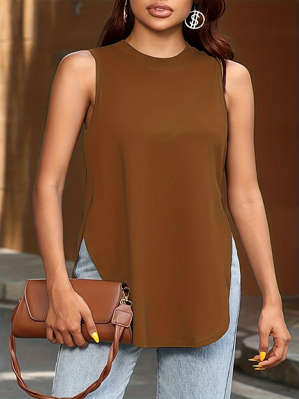 Solid Color Split-Side Loose Sleeveless Round-Neck Vest Top Cover-Ups Tops