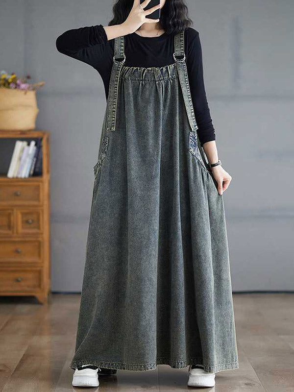 Pleated Pockets Solid Color Split-Joint A-Line Loose Spaghetti-Neck Suspender Dress