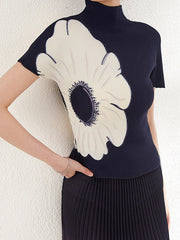 Flower Print Pleated Short Sleeves Mock Neck T-Shirts Tops